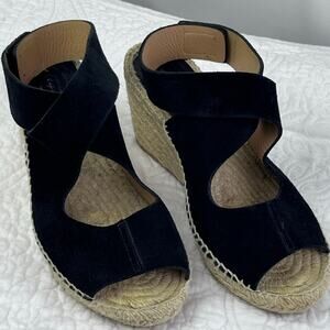 Bettye Muller Women 7 Espadrille Black Suede Strap Wedge Heel Vacation Sandal